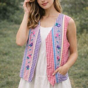 Vintage Napa Valley Embroidered Gingham Patchwork Vest Cottagecore Size L